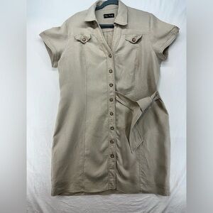 Pilar Prieto 100% Linen Button Front Shirt Dress Tie Side Beige Size 50 XL
